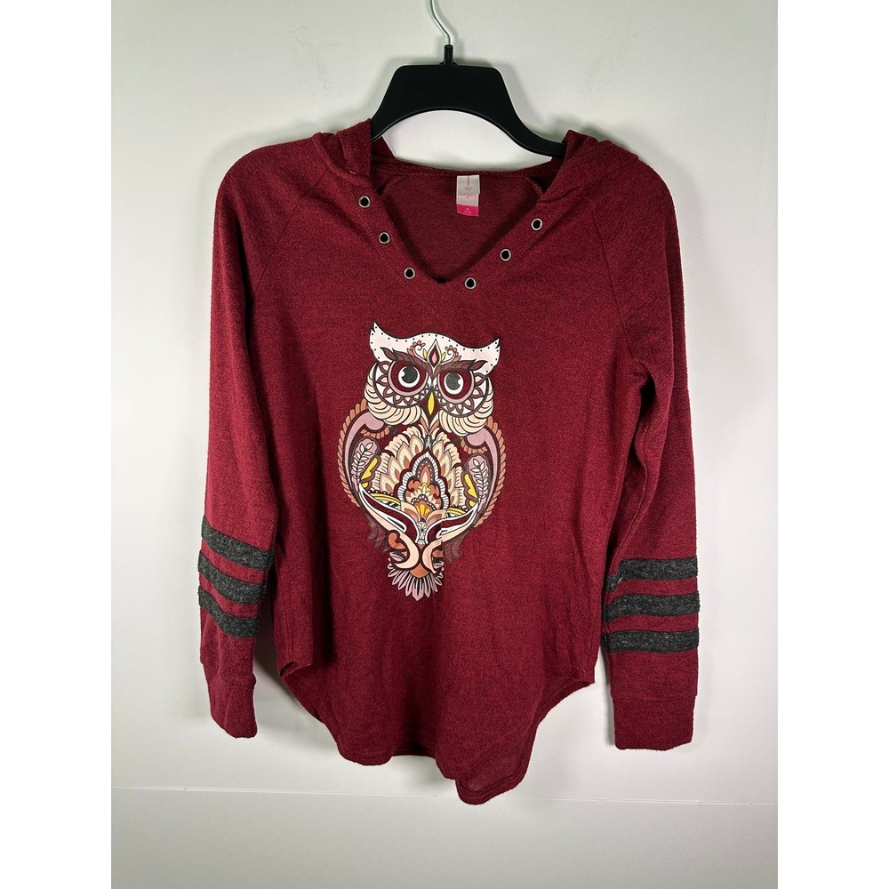 No Boundaries Hoodie Womens M Owl Graphic Hooded Pullover Burgundy Grommet